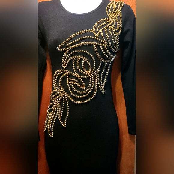 STUNNING lux stretchy black dress with gold beaded embroidery by Taris Stars szM - Picture 7 of 8